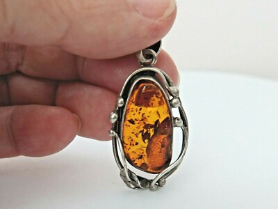 SS 925 Beautiful Amber Pendant - 1 3/4 inch length