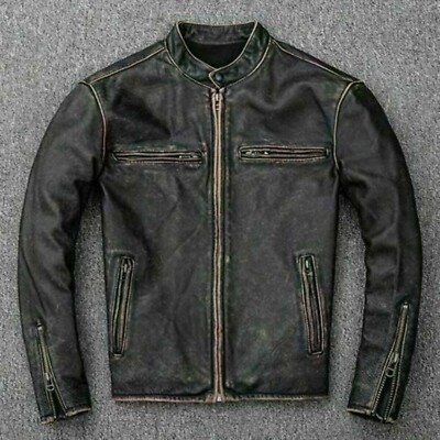 Men Motorcycle Distressed Black Biker Faded Retro Cafe Racer Real Leather Jacket