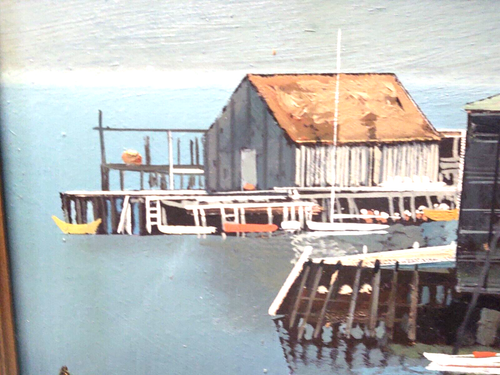 STAN Zuckerberg SEASIDE PAINTING Boat HARBOR on WOOD Dock signed 9" x 12" ORIGIN - Picture 2 of 23