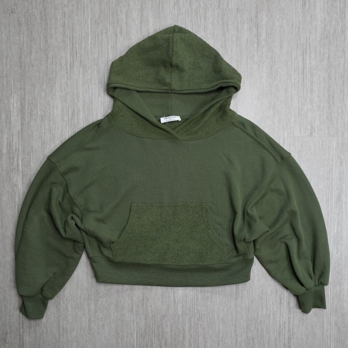 ZENANA Womens Cropped Hoodie Pullover Sweater Terry Knit Green