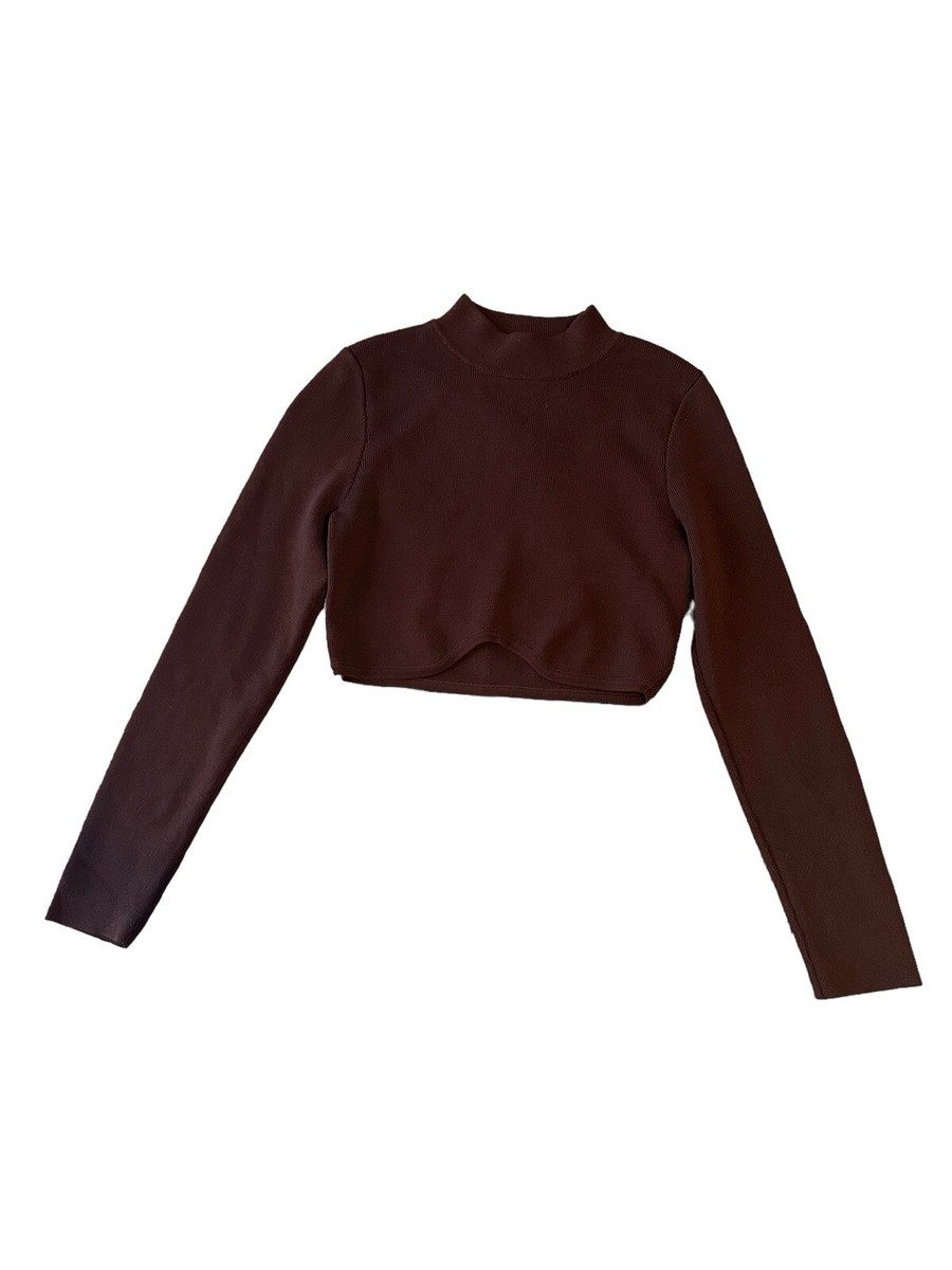 Olivaceous chocolate brown cropped long sleeve mock neck sweater top Medium