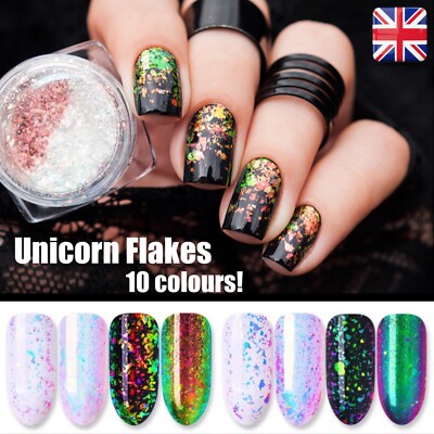 Aurora Chamäleon Nagelflocken transparent weiß Regenbogen Einhorn Spiegel Puder UK