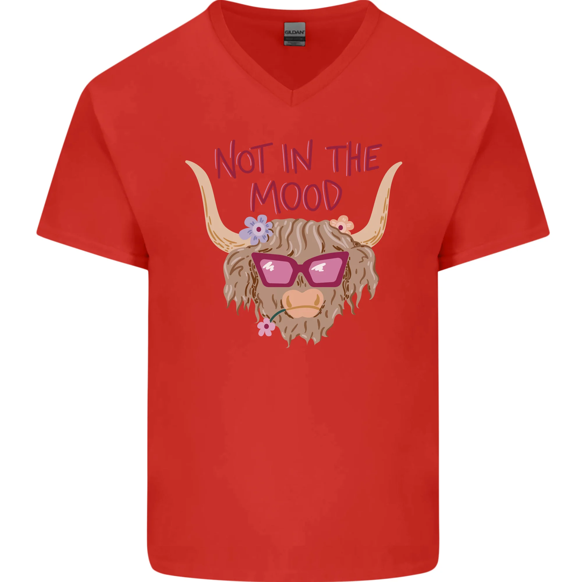 Not in the Mood Funny Highland Cow Mens V-Neck Cotton T-Shirt