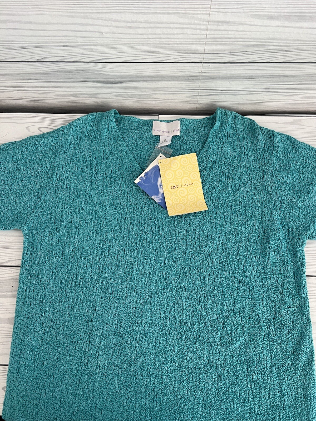 Susan Graver Sweater Womens XL Green Blue Short Sleeve Scramble Knit