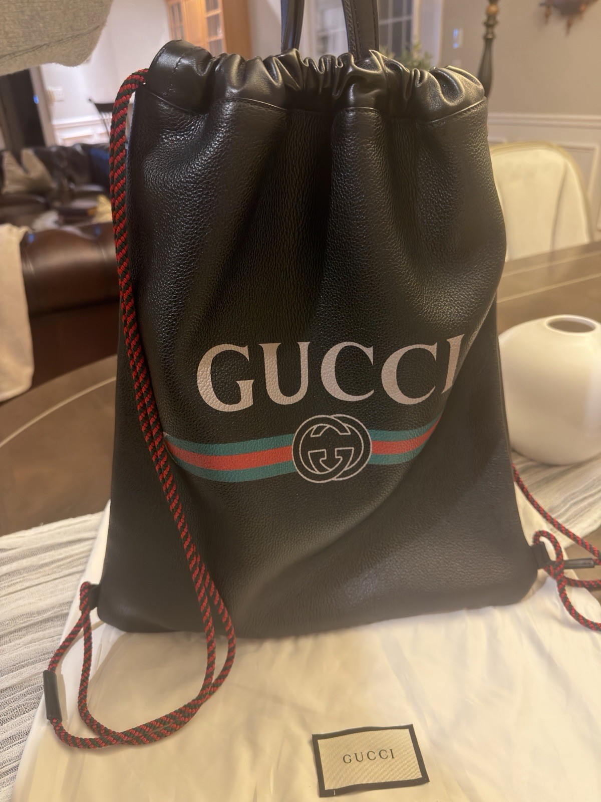 Authentic Gucci Leather Drawstring Backpack Black… - image 2