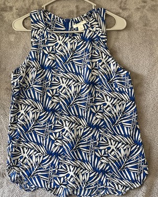Saint Tropez West Women's Small Blue White Palm Fronds Blouse Top Sleeveless
