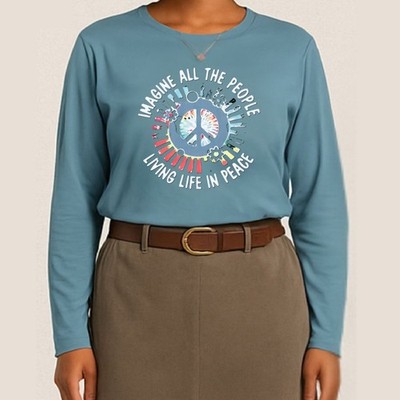 Imagine Peace Long Sleeve Top Size L Teal Blue Retro Musiccore Retro Style