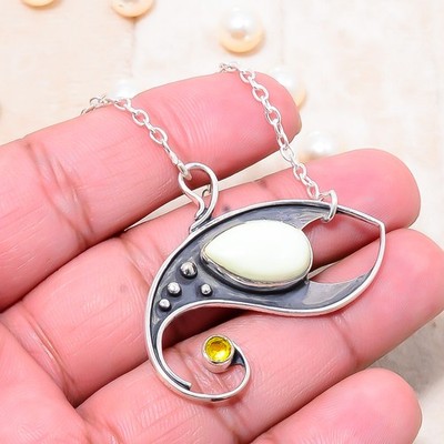 Lemon Chrysoprase & Citrine 925 Sterling Silver Chain Pendant 19-23'' CP28