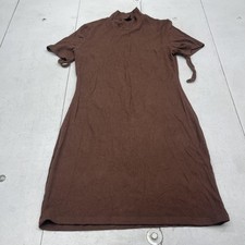 Shein Dress Womens XL Brown Ribbed Knit Short Sleeve Mock Neck Bodycon Mini