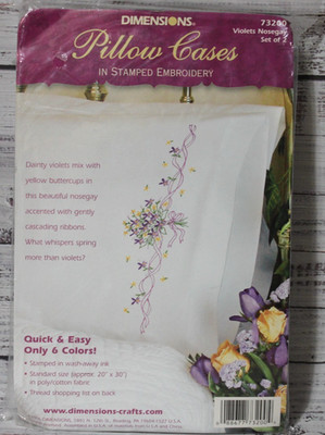 VIOLETS NOSEGAY PILLOW CASES in stamped embroidery DIMENSIONS pack contains two