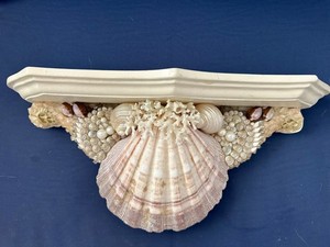 Handmade Artist Signed Seashell Decorative Wall Shelf, Coastal Decor