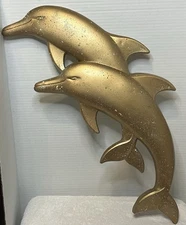 Vintage/1978 Syroco 24” Plastic Jumping Dolphins Wall Decor Gold W/Speckles 