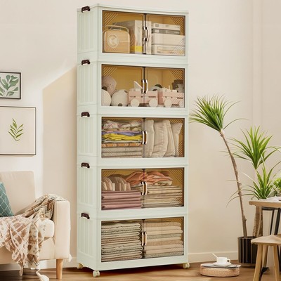 3/4/5 Tier Stackable Storage Bins with Wheels, Folding Plastic Drawer Organizer