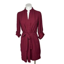 Studio M Red Half Sleeve Tie Belt Mandarin Monk Collar Shirt Knee Length Dress S