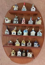 Vintage Lenox 23 Miniature Bird House Thimbles Collection w/ Wood Display Shelf