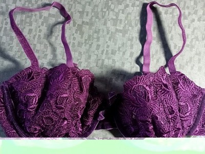 Passion Purple 34C Victoria's Secret Lace Overlay Unlined Semi-Sheer UW Bra Vtg