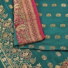 Sanskriti Vintage Cyan Pure Satin Saree Banarasi Brocade Zari Hand-Woven 5 Yd