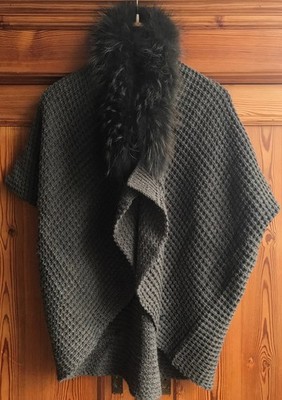   MILESTONE Strickjacke Cape Poncho M 38 40   Grau mit Echt Pelzkragen wie Neu