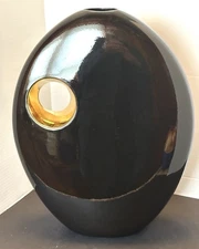 Huge 19” Signed JARU 1985 Pottery Black / Gold Eyehole Vase Rare Size ExCo Deco