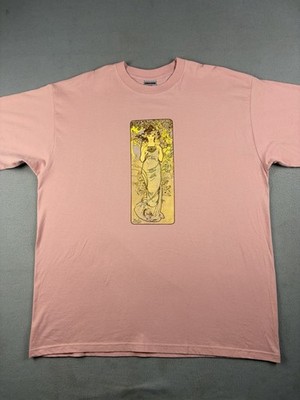 Vintage Alphonse Mucha Shirt Size XL Pink Short Sleeve The Flowers Rose Art Tee