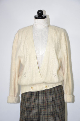 90s Vintage Cream Fuzzy Angora Wool Plunging V Neck Pearl Beads Cardigan Women M