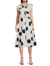 T Tahari Belted Dot Print Fit Flare Dress Women's 4 Black/White Button Front