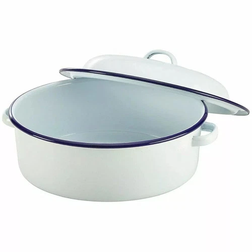 WHITE ENAMEL ROUND ROASTER DISH ROASTING OVEN TRAY CASSEROLE PAN SELF BASTING