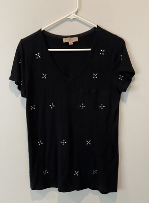 Philosophy Woman s Studded Short Sleeve V-Neck Black T-Shirt Top. Size (L)