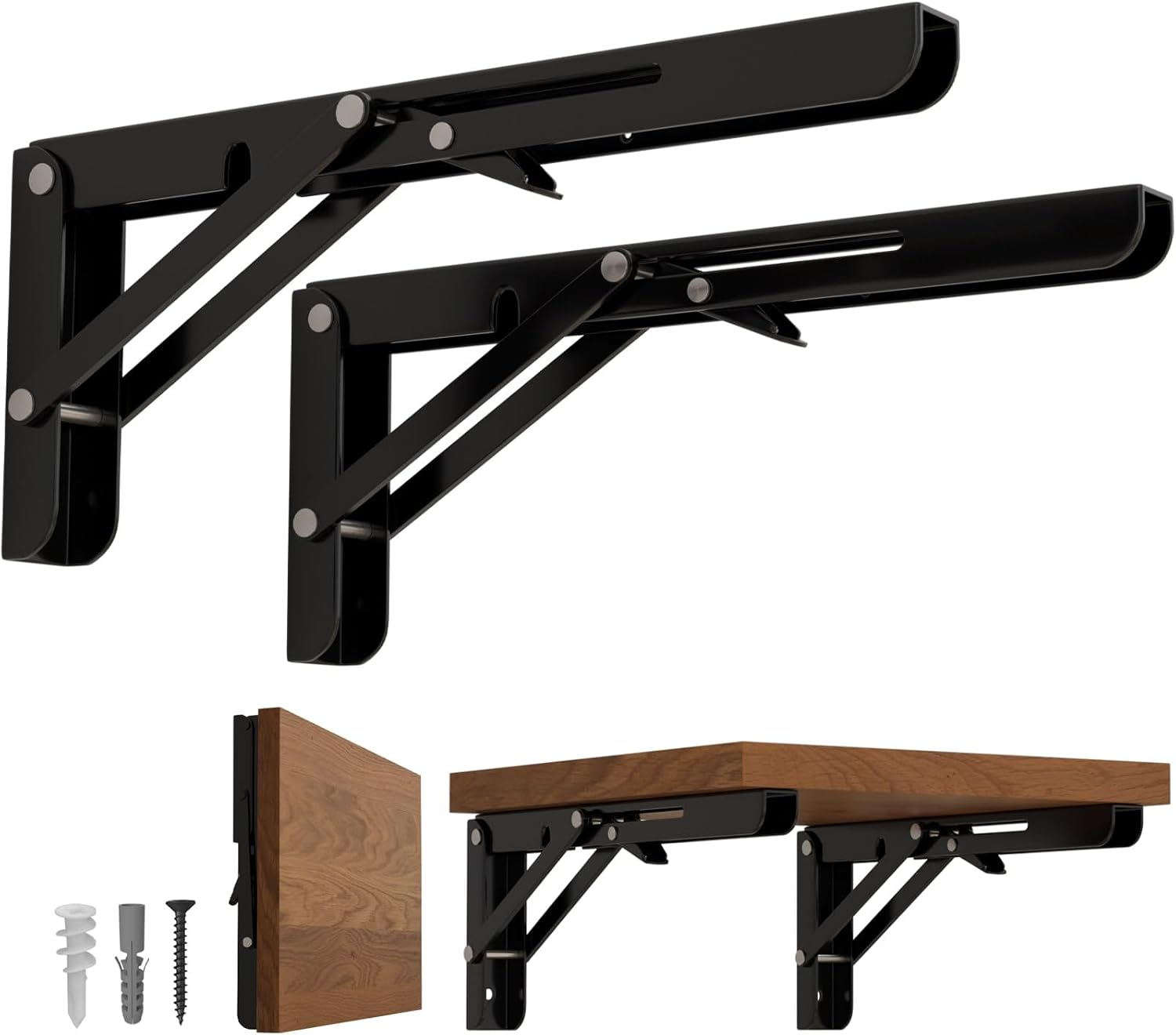 Heavy Duty 8-Inch Folding Shelf Brackets Wall Mounted 2-Pack Black