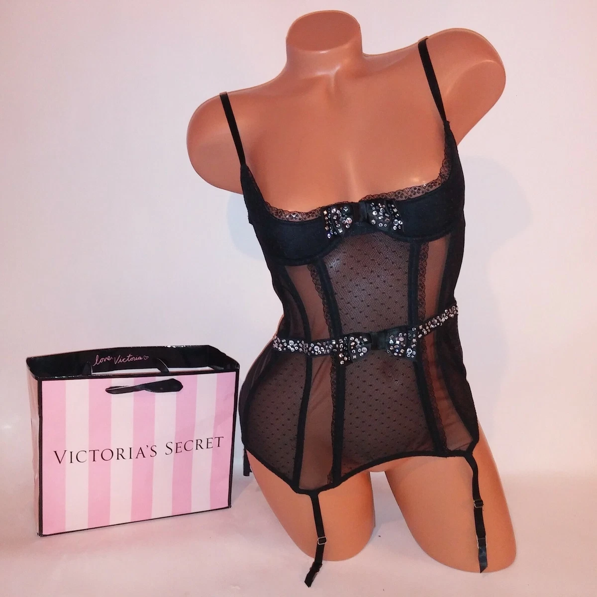 Victoria Secret Lingerie Bustier Corset Small Black Bling Garter Straps  Lace Bon