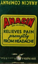 Anacin Relieves Pain Promptly From Headache Vintage Matchbook Cover
