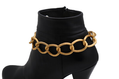 Women Gold Metal Textured Chain Chunky Links Band Boot Bracelet Strap Shoe Sexy