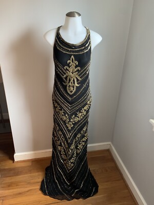Women's Adrianna Papell Evening Collection Gown Black Gold Embellished  Beaded 8 | eBay