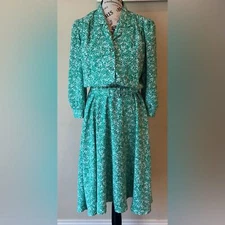 Vintage Shirtwaist Dress Green White Belt Women’s 8 Small Made in USA Easter Tea