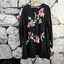 Asos Embroidered Boho Floral Babydoll Mini Dress Black Crew Neck - Size 18