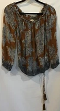 Lucky Brand S Brown Paisley Semi Sheer 3/4 Sleeve Peasant Blouse
