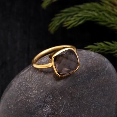 Natural Smoky Quartz Cushion Shape Gold Plated Handmade Jewelry Promise Gift