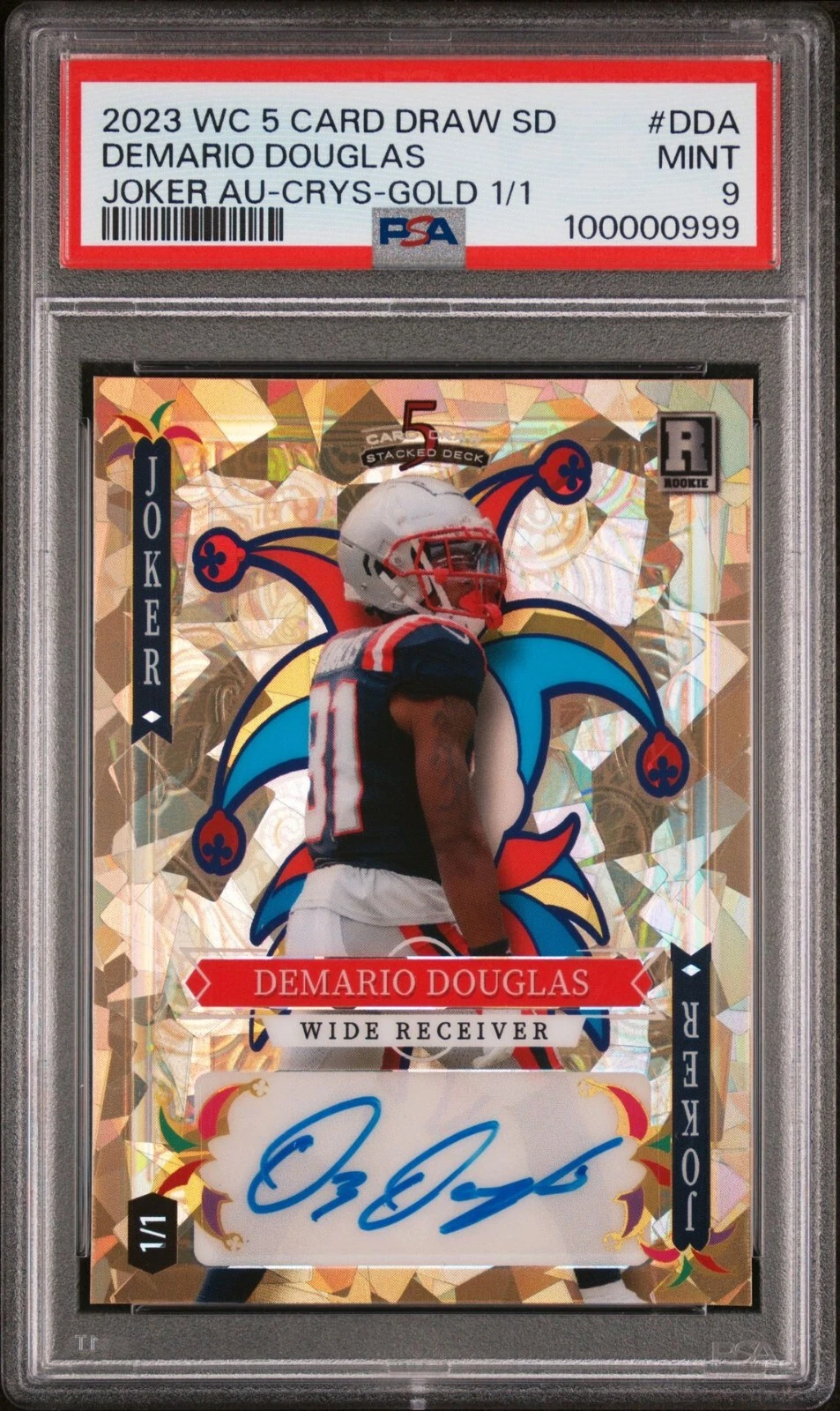 Demario Douglas Wild Card 5 Card Draw Stacked Deck Joker Autographs #DDA Crystal Foil-Gold 1/1