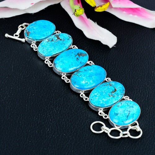 Porte-clés Ovale Turquoise Naturel Plaqué Argent 925 - Fait Main Inde