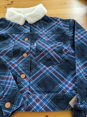 NWT LEVI'S JUNIOR NAVY PLAID COTTON JACKET with FUR COLLAR size L