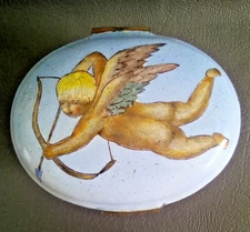 Vintage Enamel on Metal Cupid Cherub Blue Trinket Box
