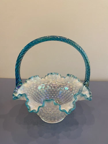 VTG FENTON Blue & White Opalescent/Iridescent Hobnail Art Glass Basket HTF 10"H