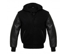 Mens Varsity Hoodie Jacket Genuine Leather Sleeve and Wool Blend Letterman Black