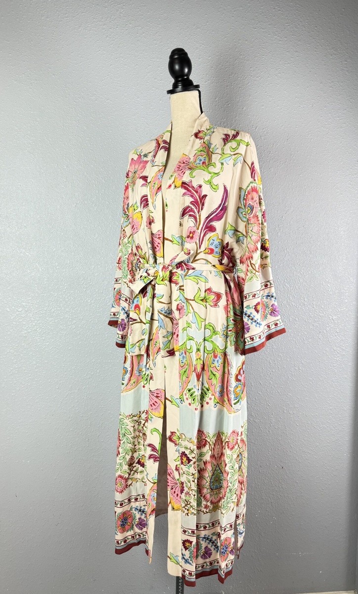 ZARA Floral Printed Long Kimono Self Belted Side Slits Fully