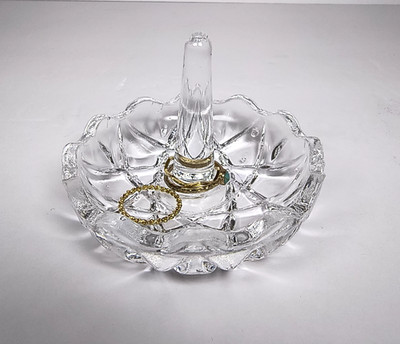Vintage Lead Crystal Ring Holder Starburst Pattern Cut Glass Vanity Jewelry Dish