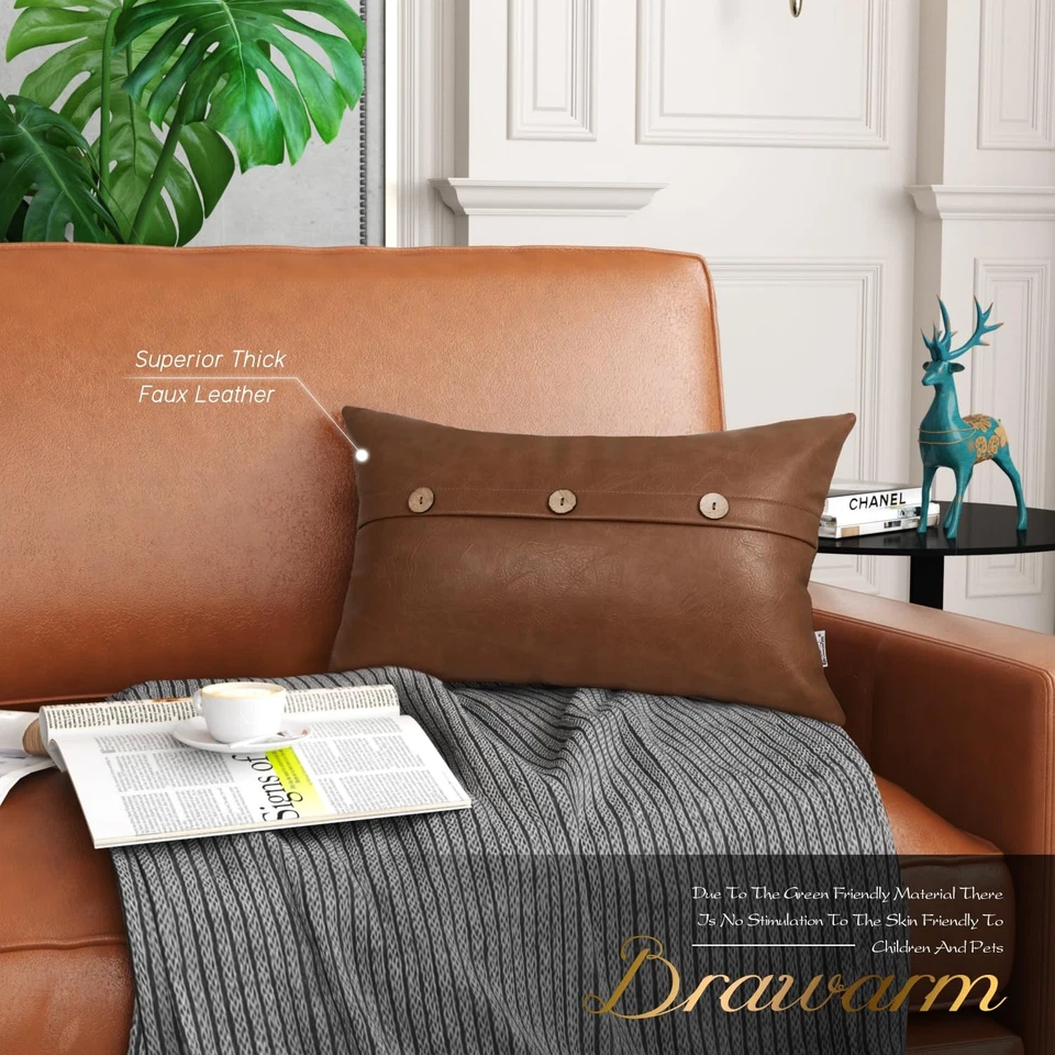 Leather Throw Pillow Covers 12 X 20 Inches, Brown Faux Leather Pillow Cover w... - Image 2 of 4