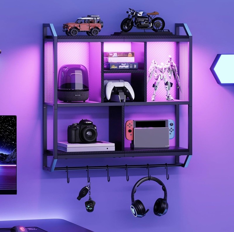 Gaming Floating Shelves with LED Lights, 28.7" LED Wall Mounted Shelf, 3-Tier Di