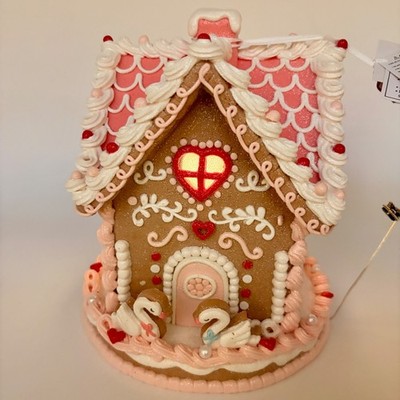 Lighted Gingerbread House Valentine's Day Decor Pink White Swans Heart Window 3D