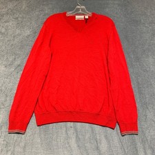 Calvin Klein Sweater Mens Large Red Extra Fine Merino Wool Tight Knit V Neck