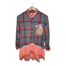 Upcycled Plaid Shirt Chiffon Lace Trim OOAK Shabby Prairie Grunge Boho Size XL